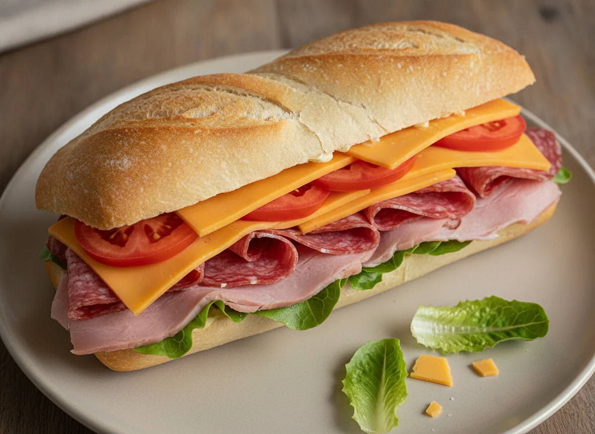 Salami and Ham Baguette with Cheese photo