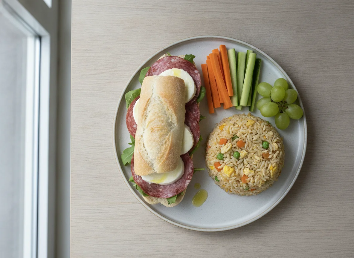 Salami and Mozzarella Baguette with Fried Rice and Vegetables photo
