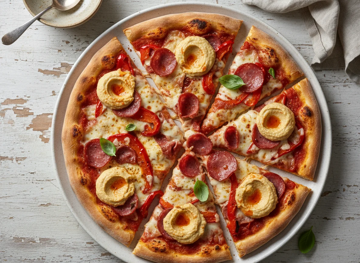 Salami and Pepper Pizza with Hummus photo