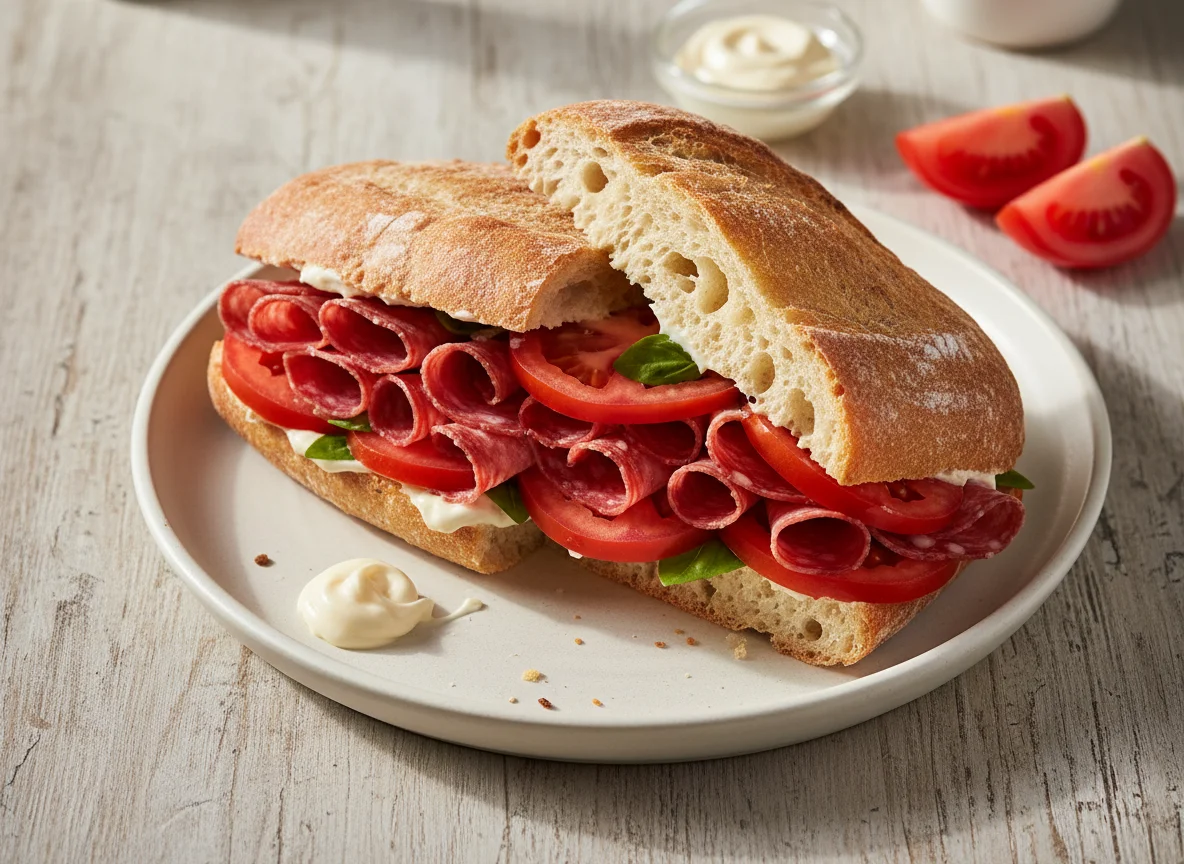 Salami and Tomato Ciabatta Sandwich photo
