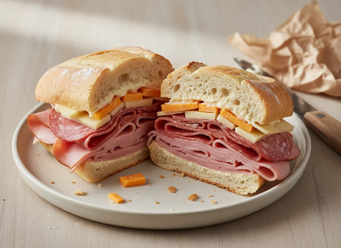 Salami, Ham and Marble Cheese Sandwich photo