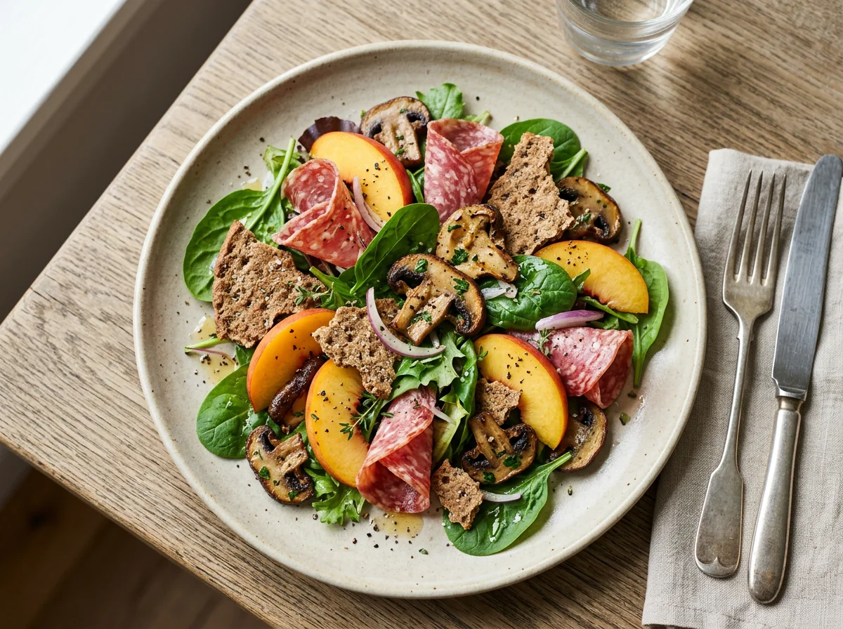 Salami, Nectarine, Crispbread, and Mushroom Salad photo