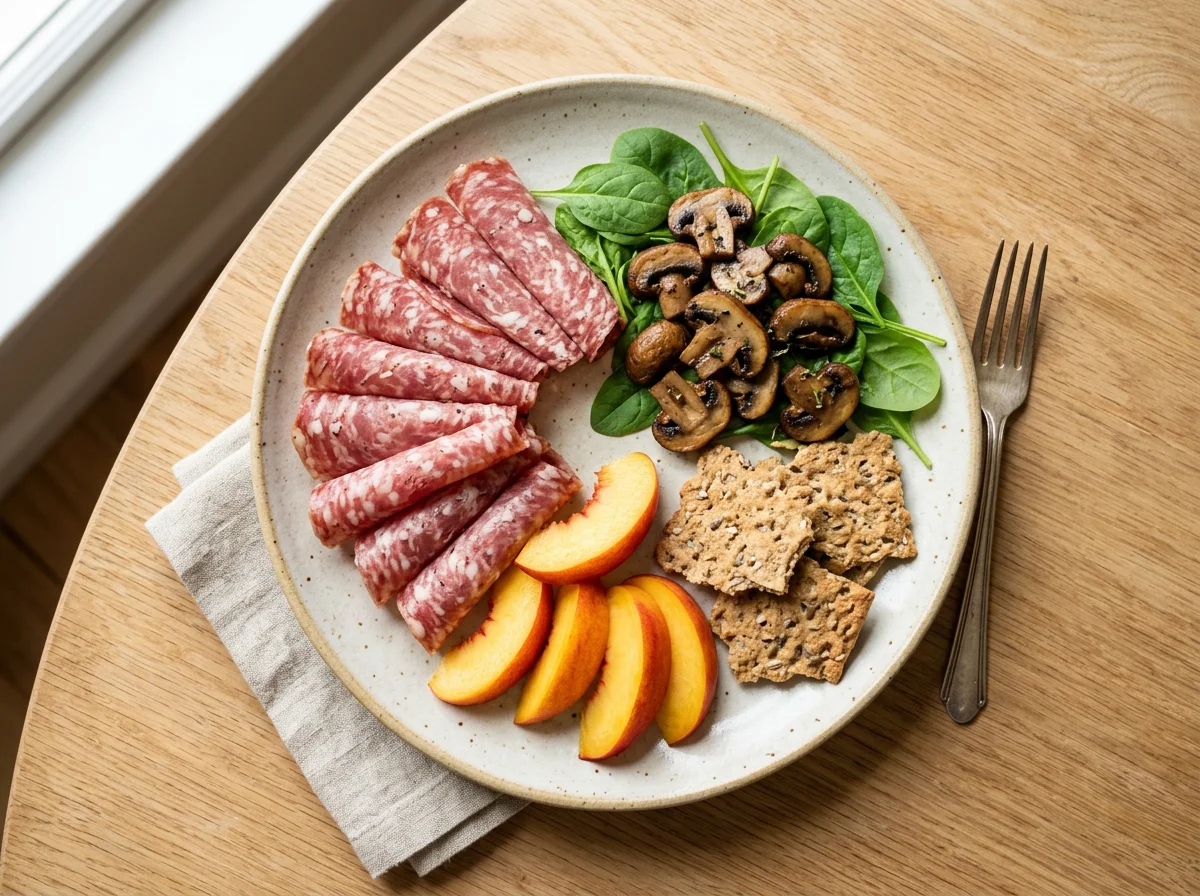 Salami, Nectarine, Mushroom, and Crispbread Plate photo