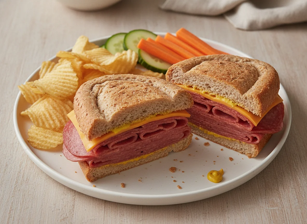 Salami Sandwich with Chips and Carrots photo