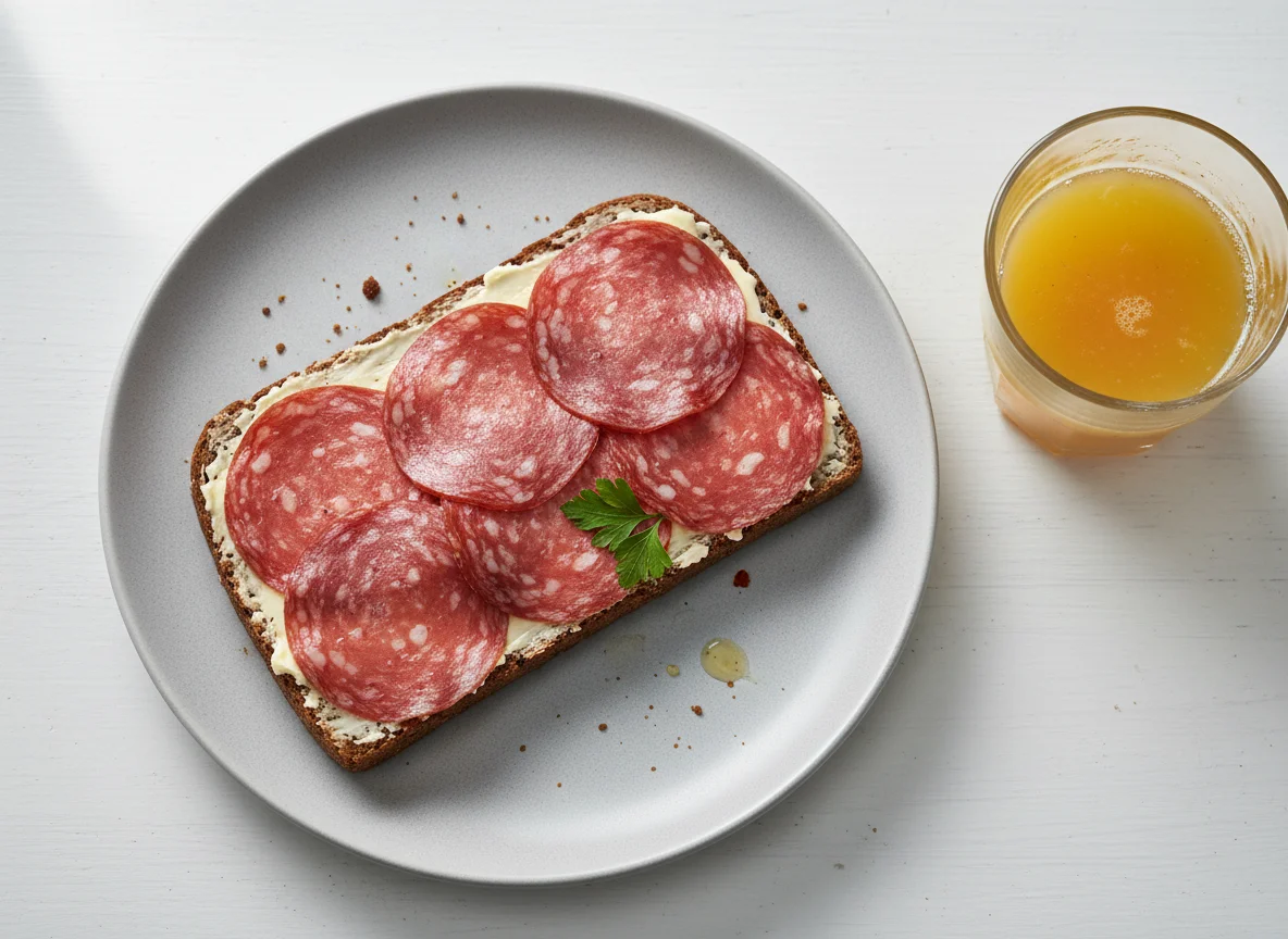 Salami sandwich with juice photo