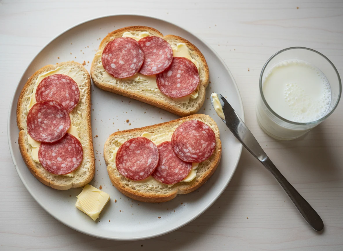 Salami toast with butter and milk photo