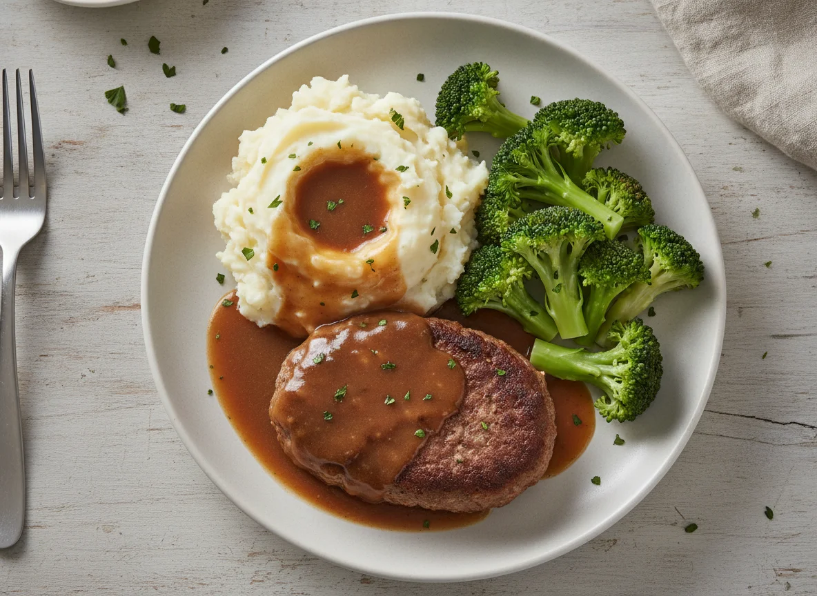 Salisbury Steak with Mashed Potatoes and Broccoli photo