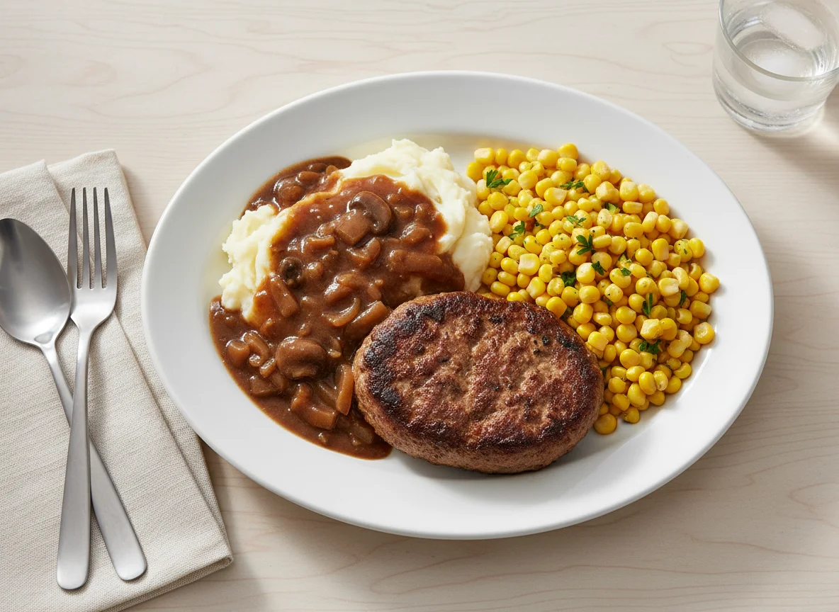 Salisbury Steak with Mashed Potatoes, Gravy, and Corn photo