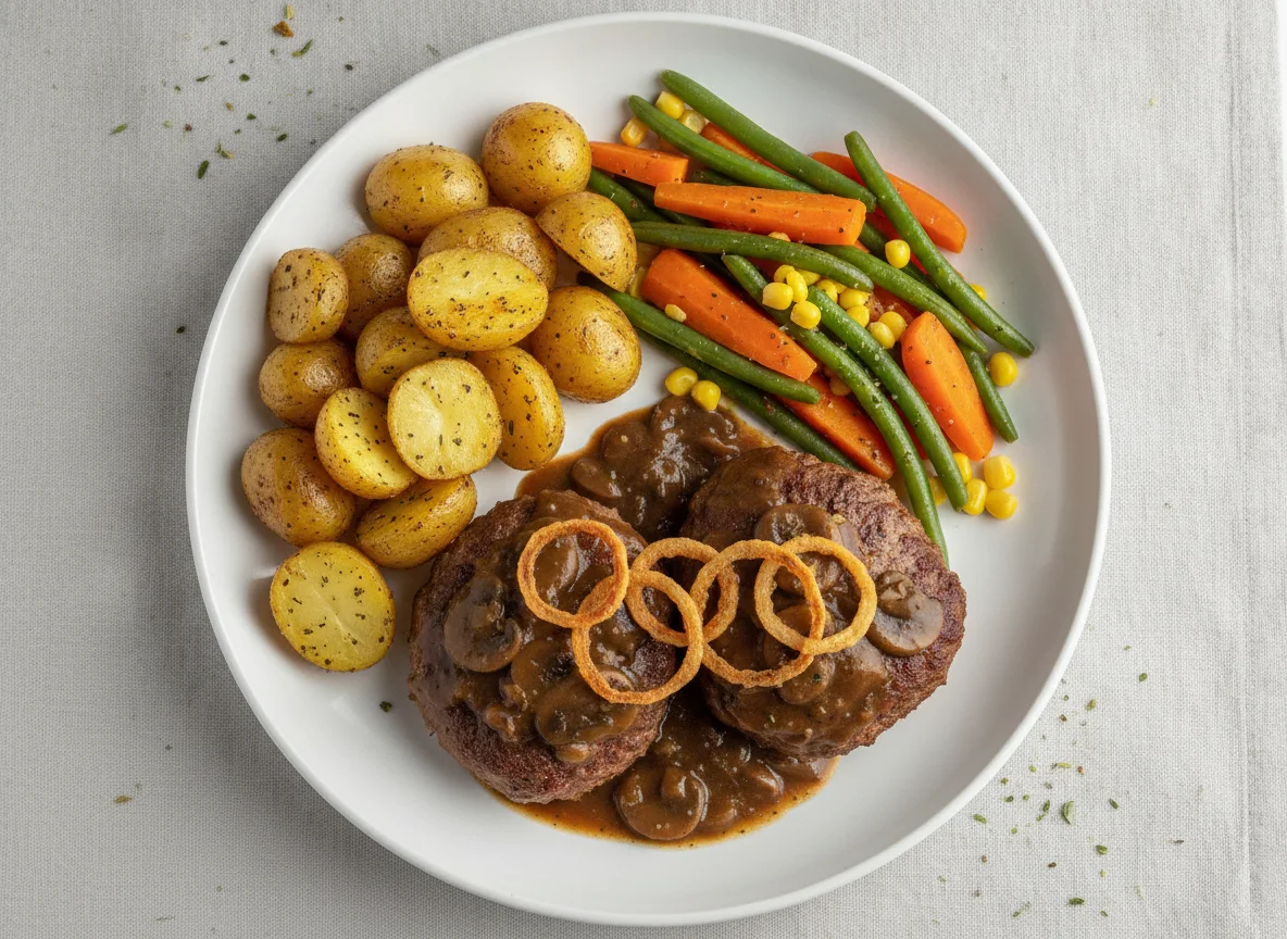 Salisbury Steak with Roasted Potatoes and Mixed Vegetables photo
