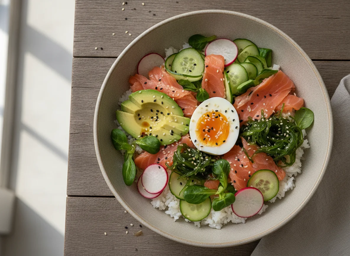 Salmon and Avocado Poke Bowl with Egg photo