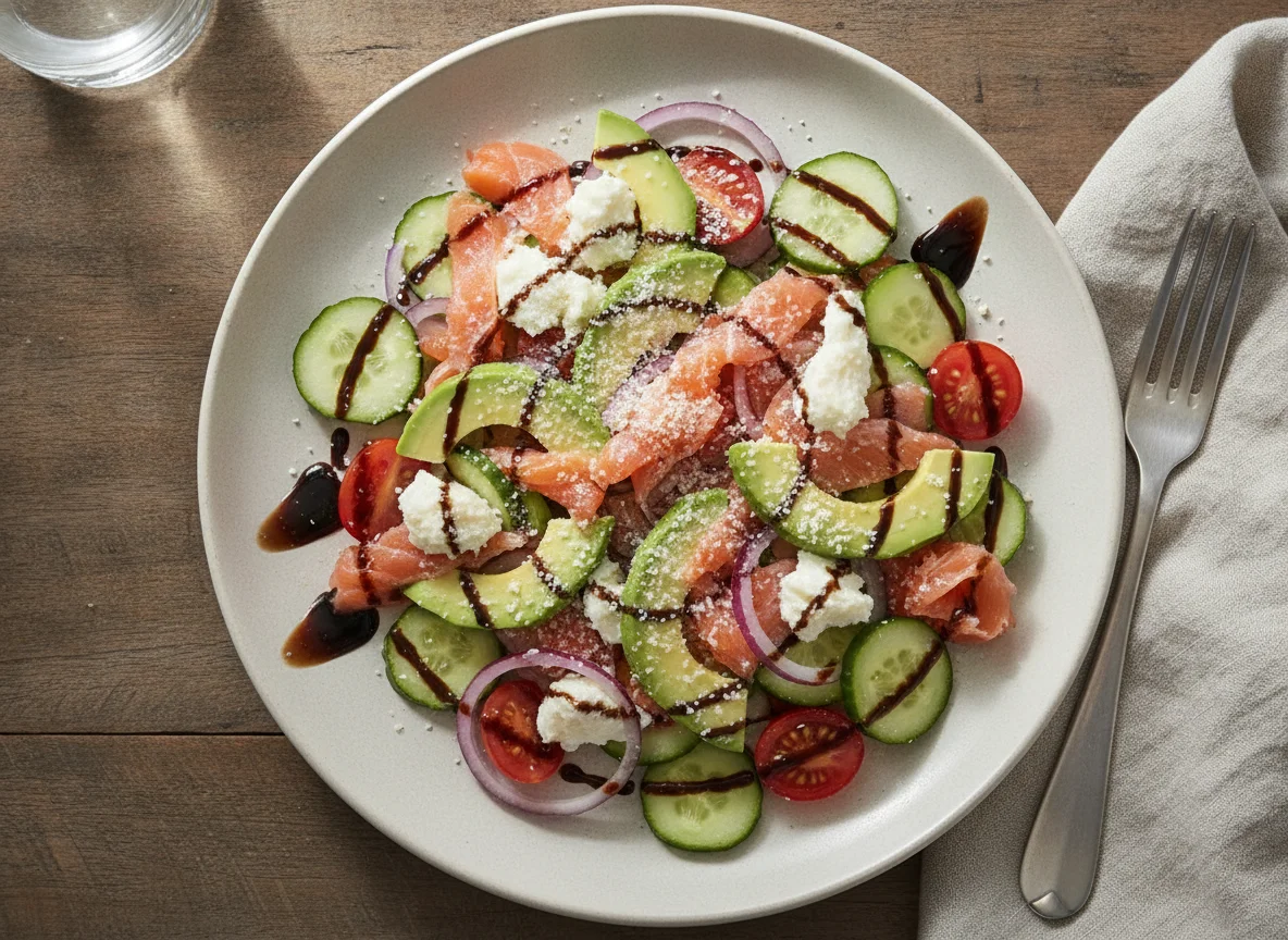 Salmon and Avocado Salad with Cheese and Balsamic Glaze photo