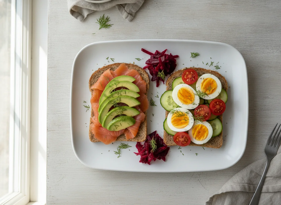 Salmon and avocado sandwiches with boiled eggs and vegetables photo