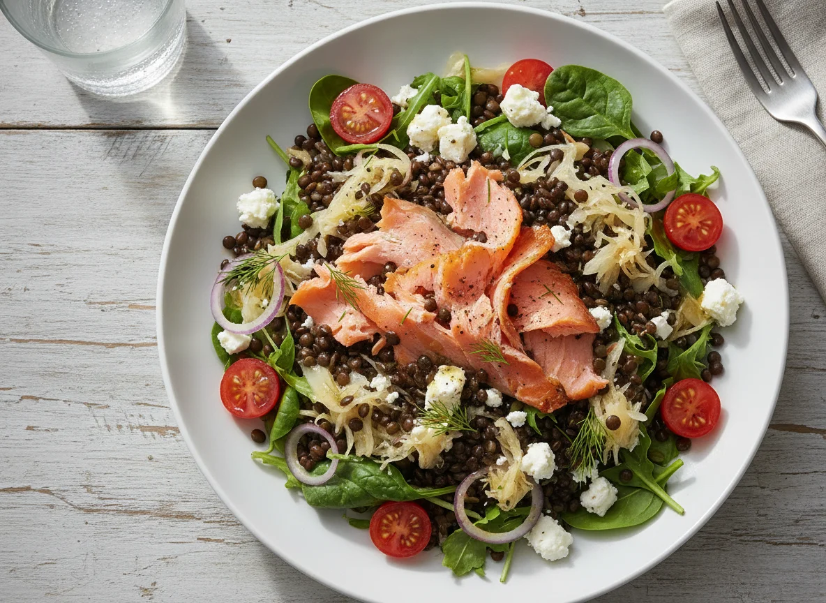Salmon and Beluga Lentil Salad with Feta and Sauerkraut photo
