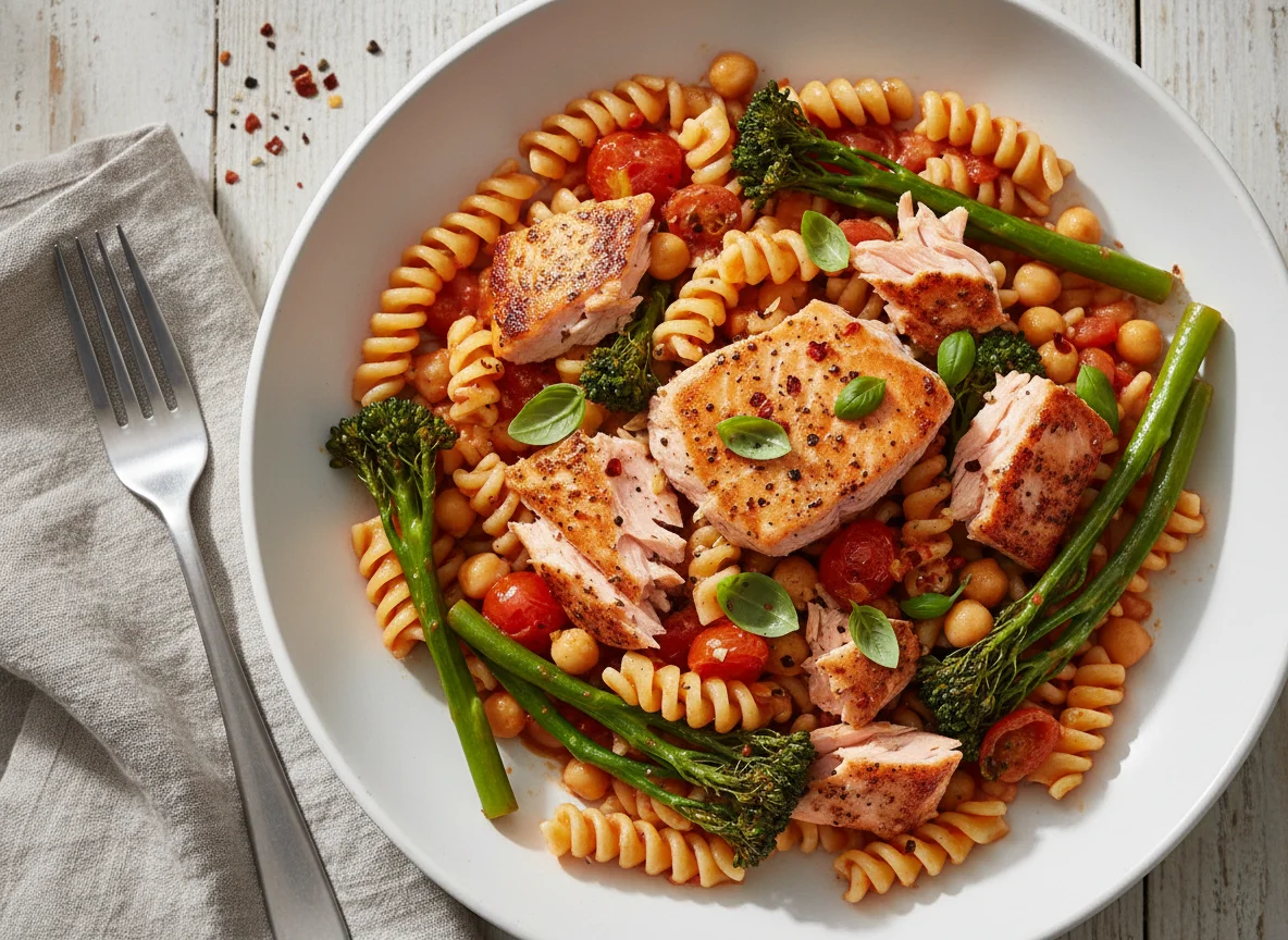 Salmon and Broccoli Pasta with Tomato Chickpea Sauce photo