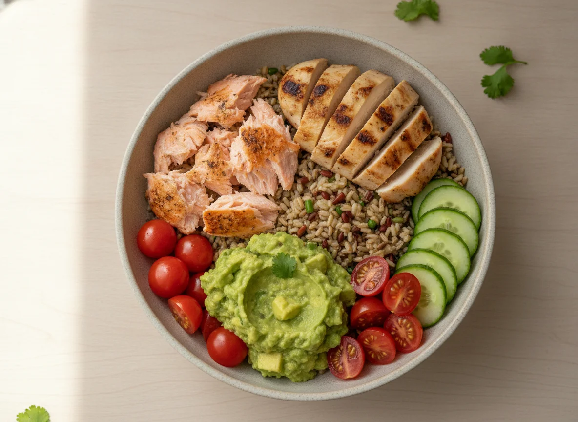Salmon and Chicken Bowl with Avocado and Vegetables photo