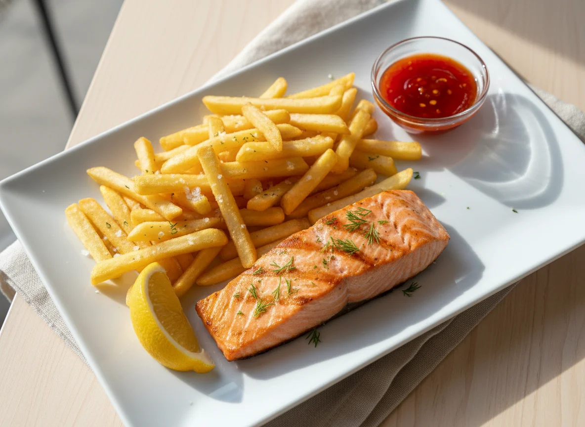 Salmon and Chips with Sweet Chilli Sauce photo