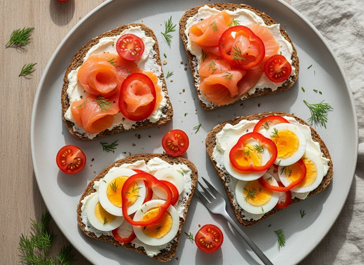 Salmon and cream cheese sandwiches with vegetables and eggs photo