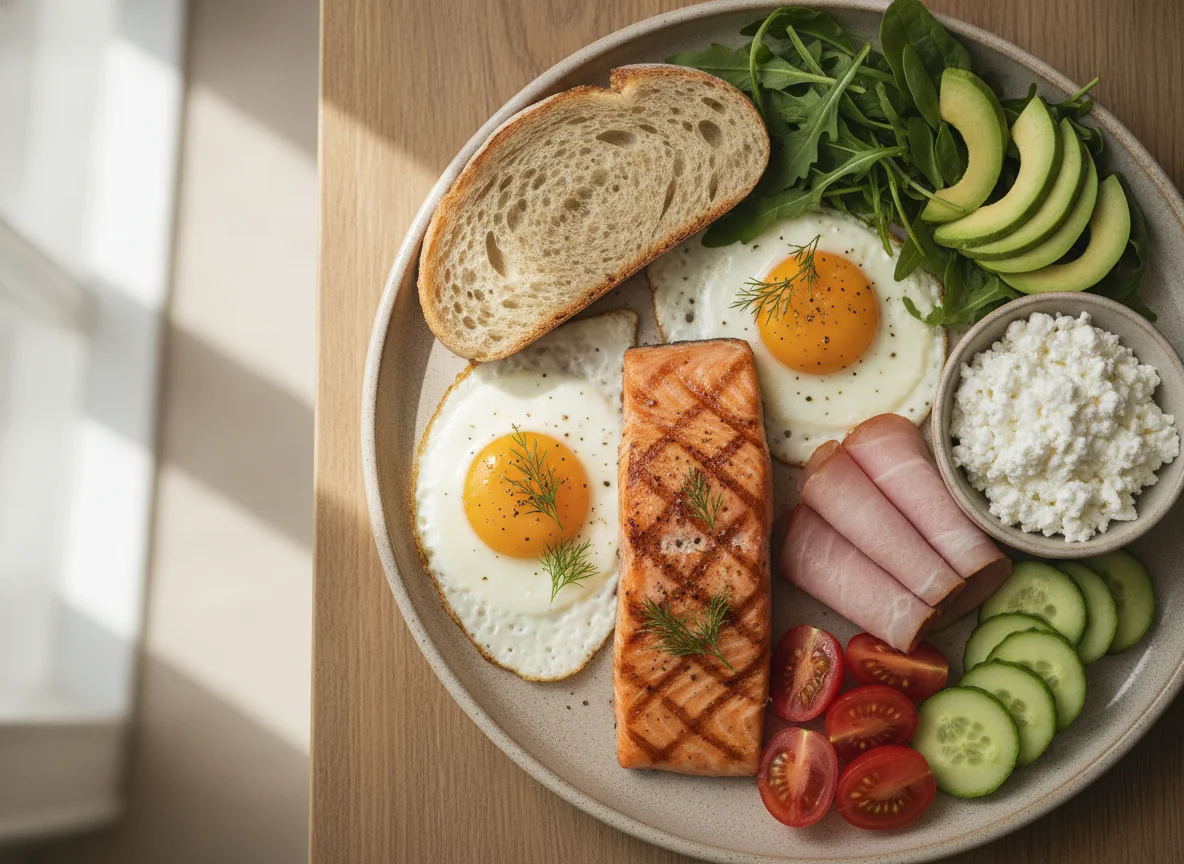 Salmon and egg breakfast plate photo