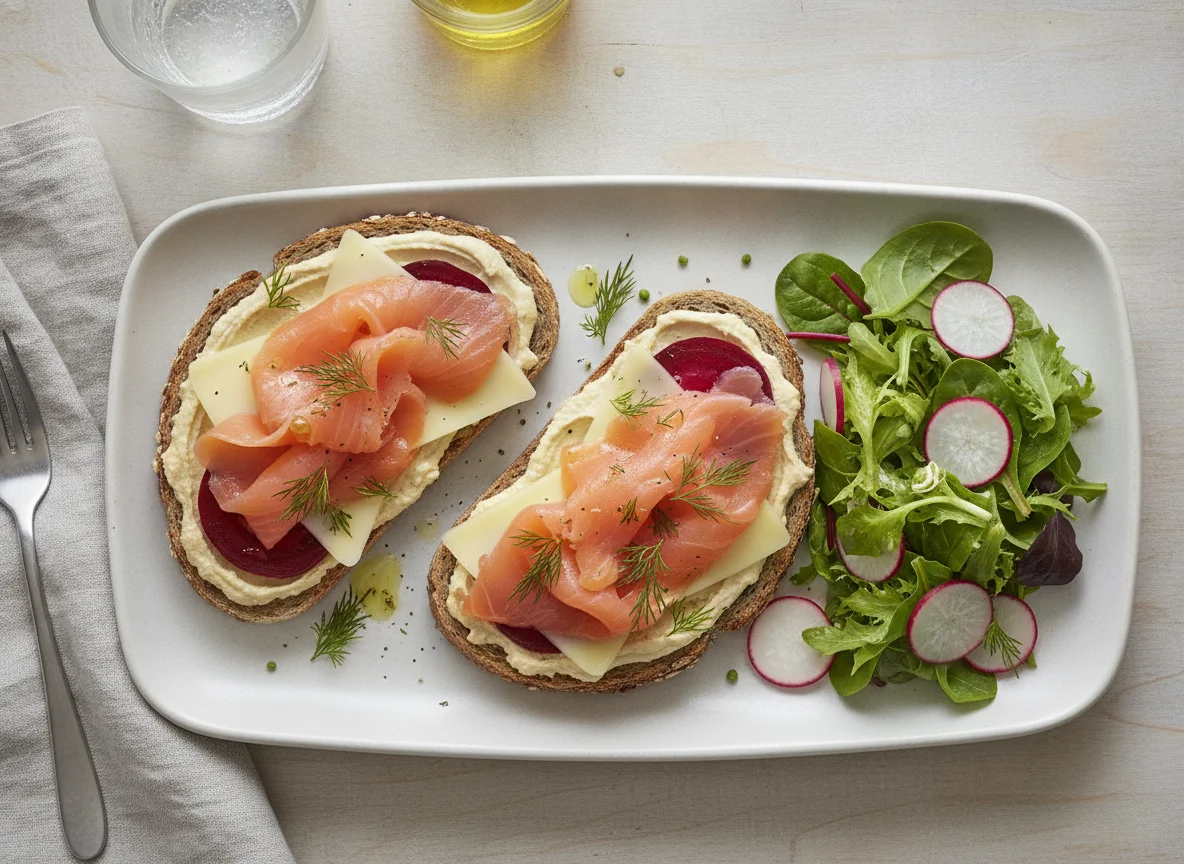 Salmon and hummus sandwiches with salad and cheese photo