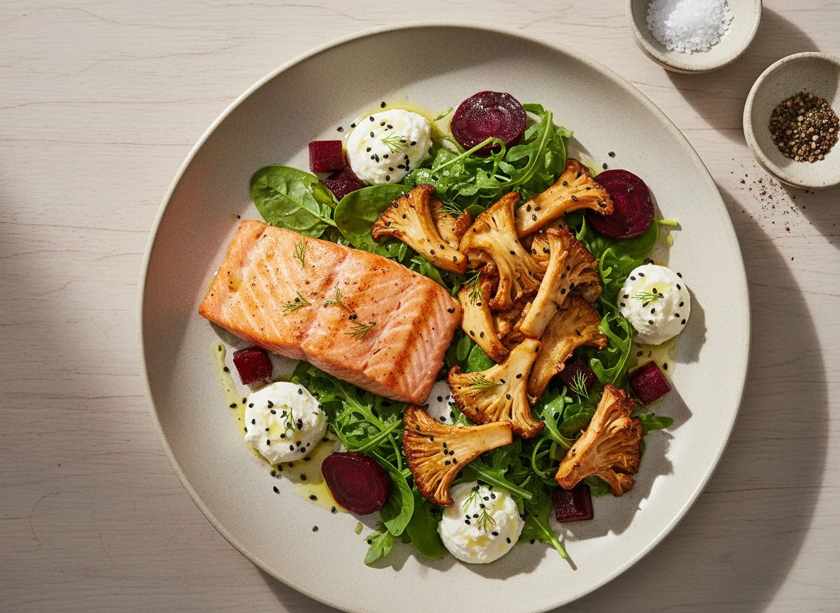 Salmon and Lion's Mane Mushroom Salad with Ricotta and Beetroot photo