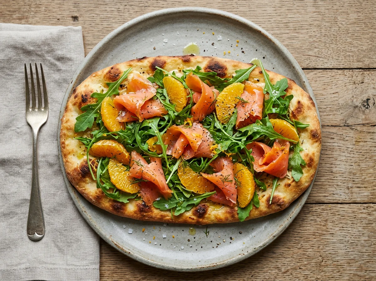 Salmon and Orange Flatbread with Arugula photo