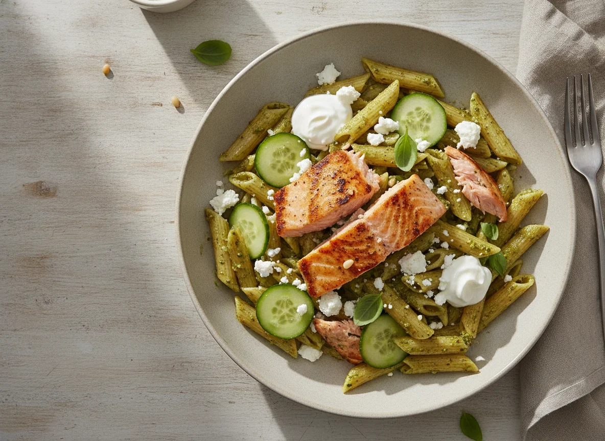 Salmon and Pesto Penne Pasta with Feta and Cucumber photo