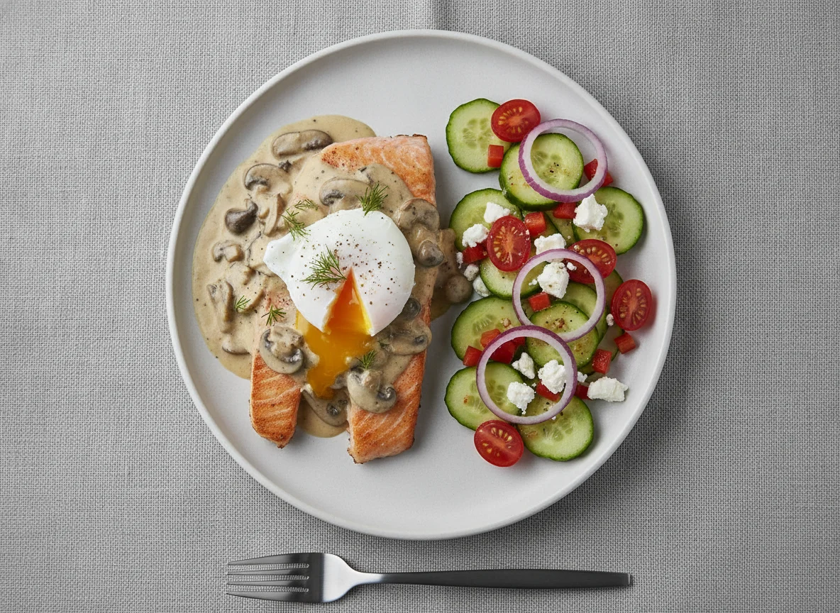 Salmon and Poached Egg with Mushroom Sauce and Salad photo
