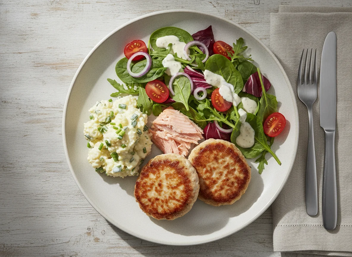 Salmon and Pork Patties with Mixed Salad photo