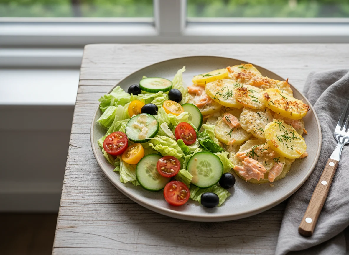 Salmon and Potato Casserole with Side Salad photo