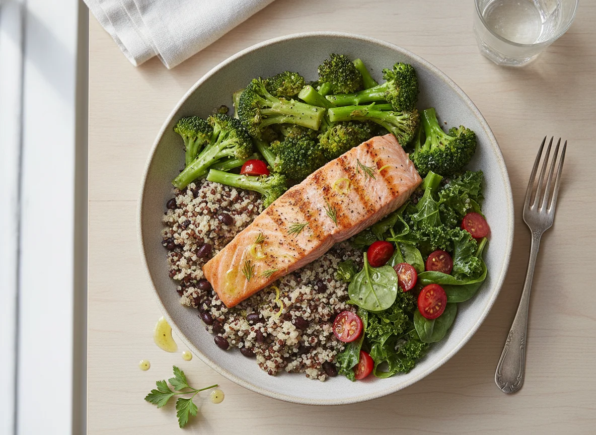 Salmon and Quinoa Grain Bowl with Kale and Broccoli photo
