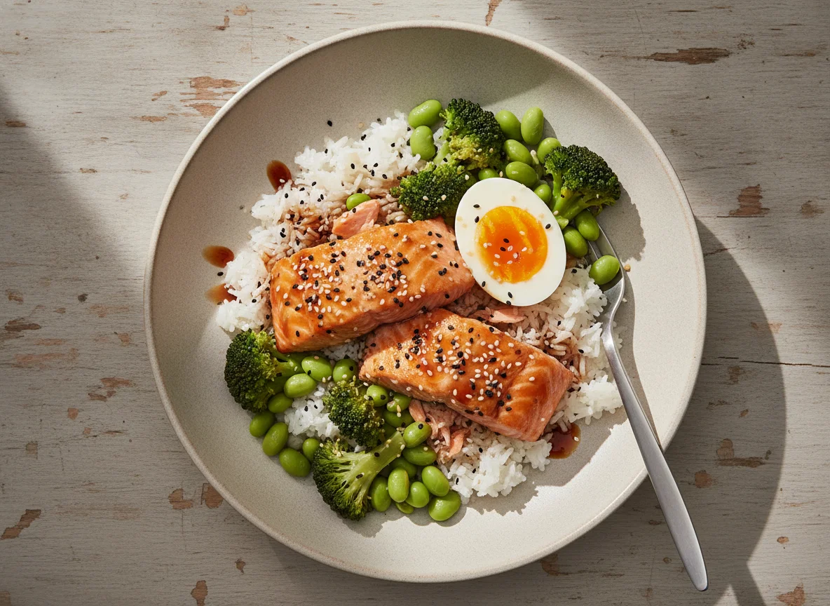 Salmon and Rice Bowl with Boiled Egg and Broccoli photo