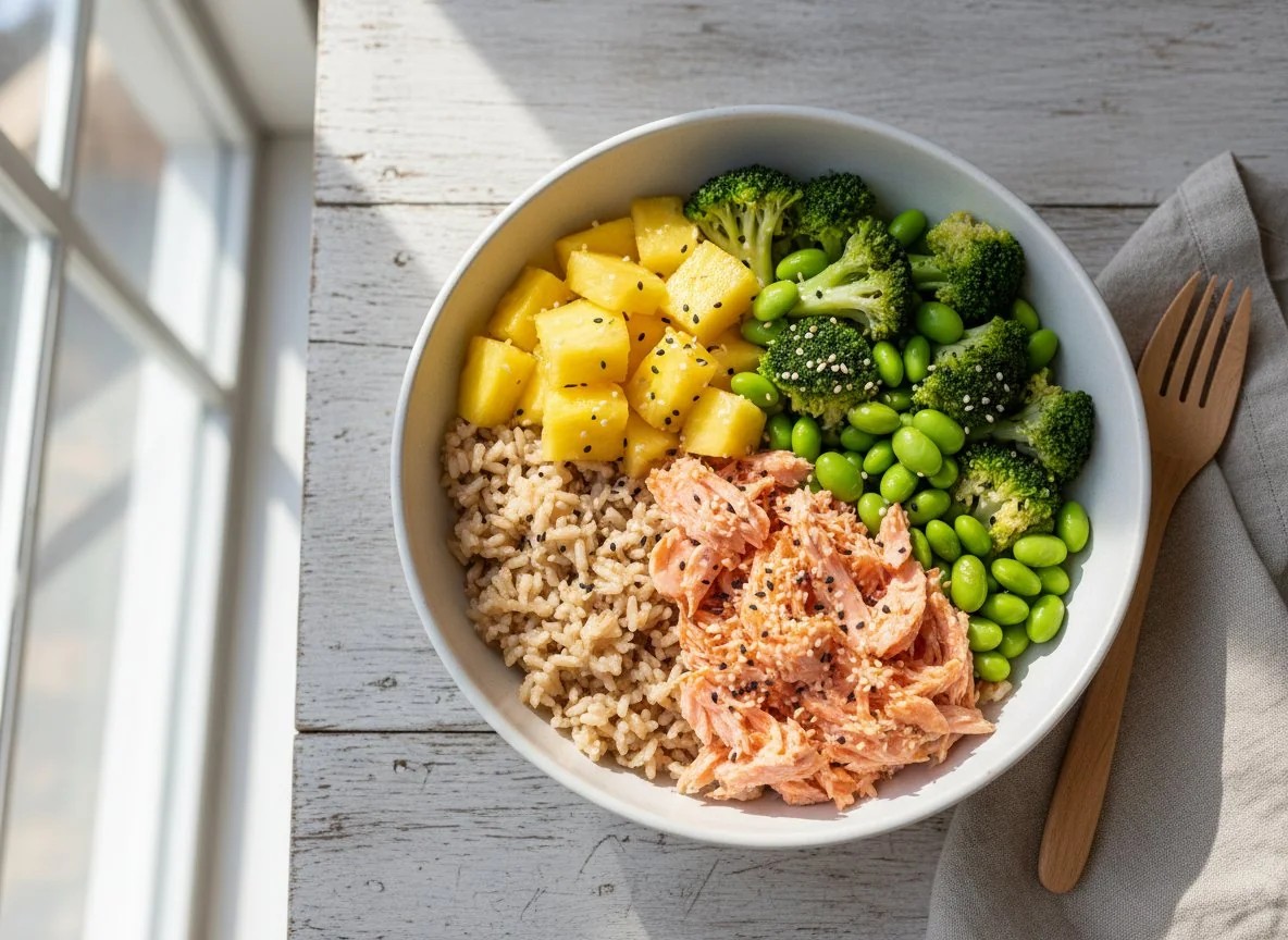 Salmon and Rice Bowl with Vegetables and Pineapple photo