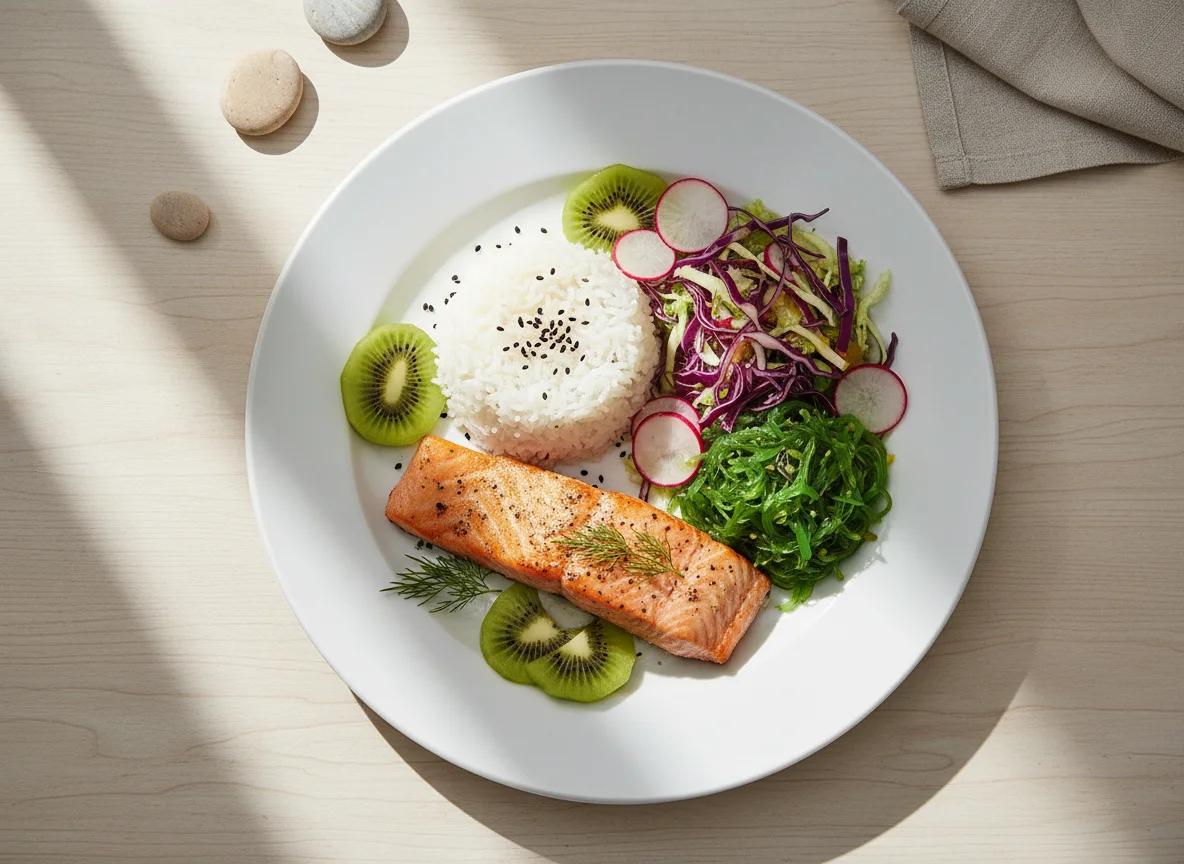 Salmon and Rice with Salad and Kiwi photo
