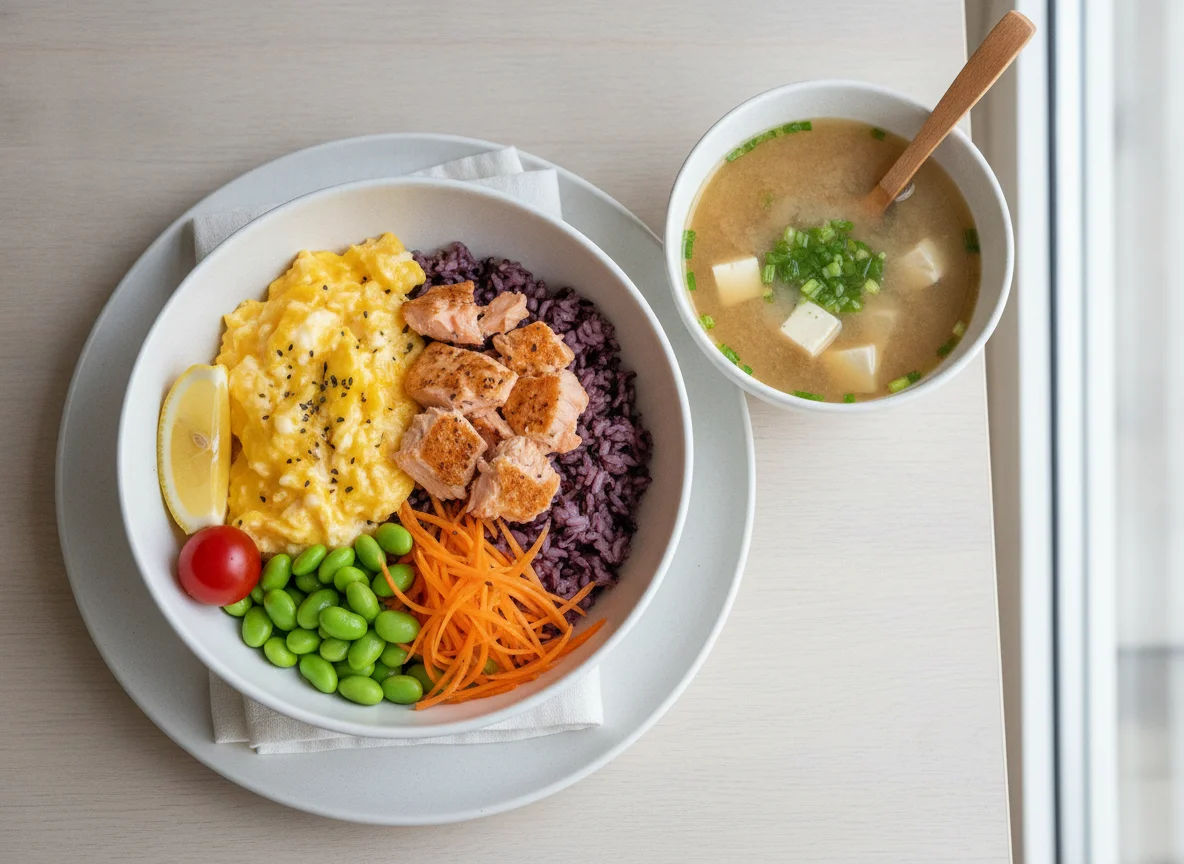 Salmon and Scrambled Egg Rice Bowl with Miso Soup photo