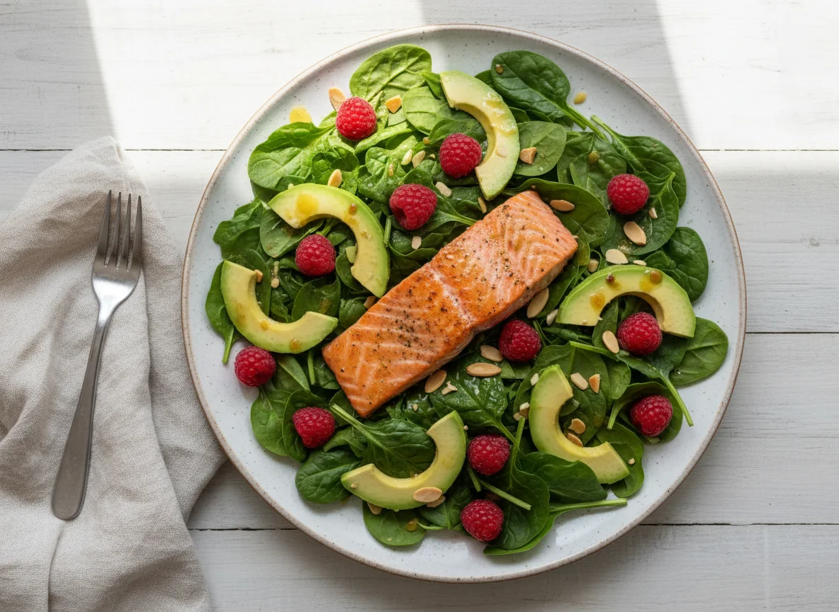 Salmon and Spinach Salad with Avocado and Raspberries photo
