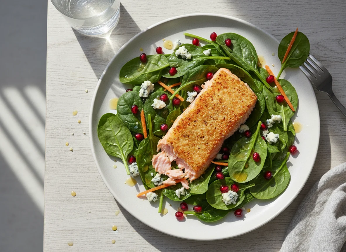 Salmon and Spinach Salad with Pomegranate and Blue Cheese photo