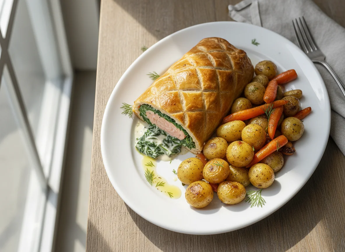 Salmon and Spinach Wellington with Roasted Vegetables photo