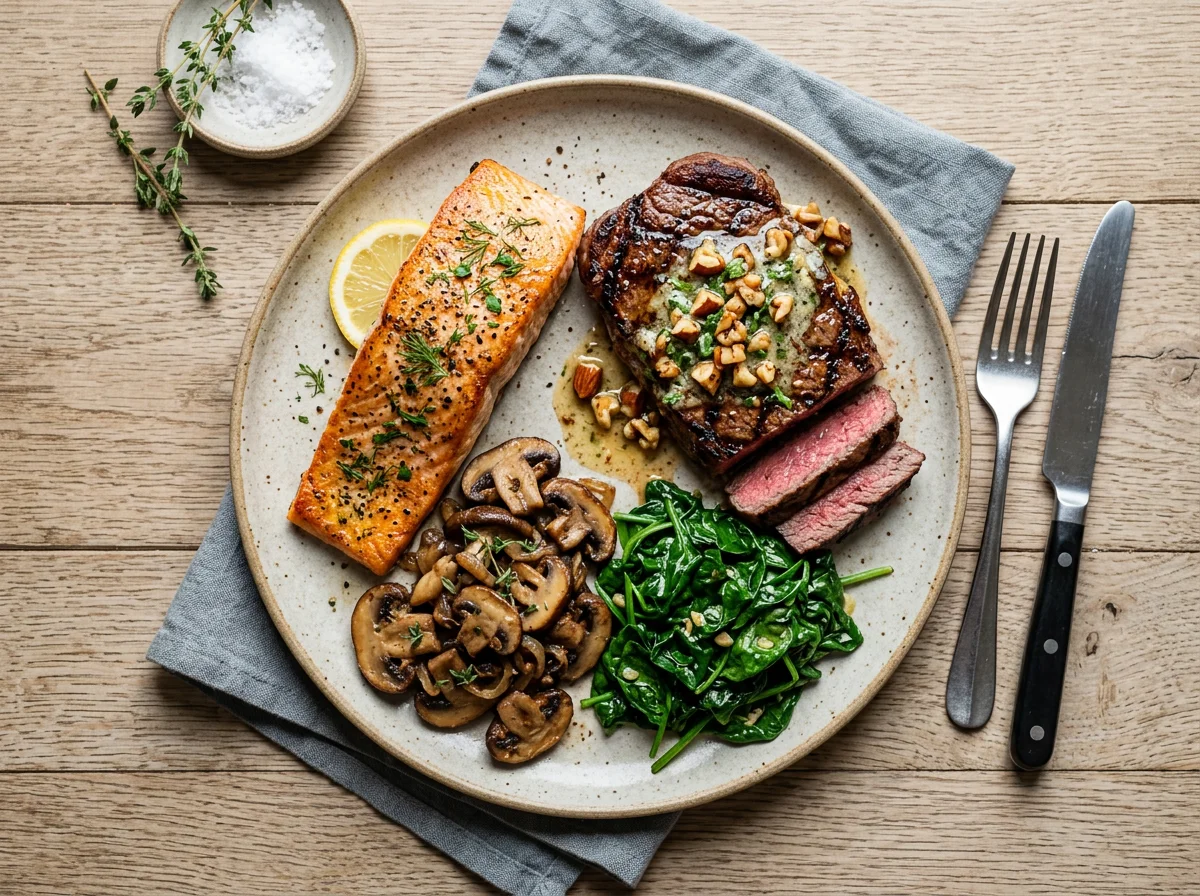 Salmon and Steak with Mushrooms and Spinach photo
