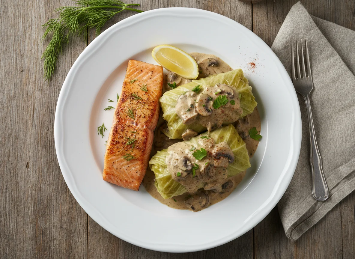 Salmon and Stuffed Cabbage with Mushroom Sauce photo
