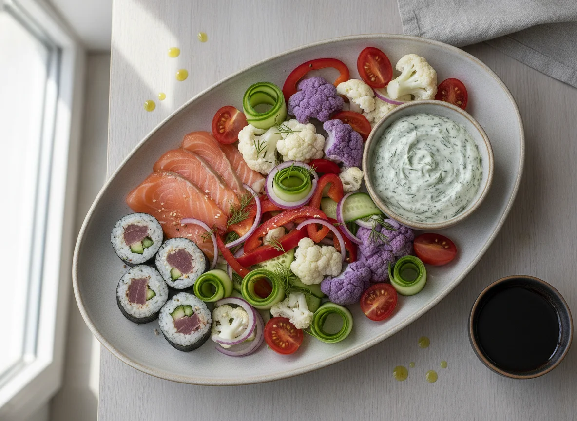 Salmon and Sushi Salad Plate with Creamy Dip photo