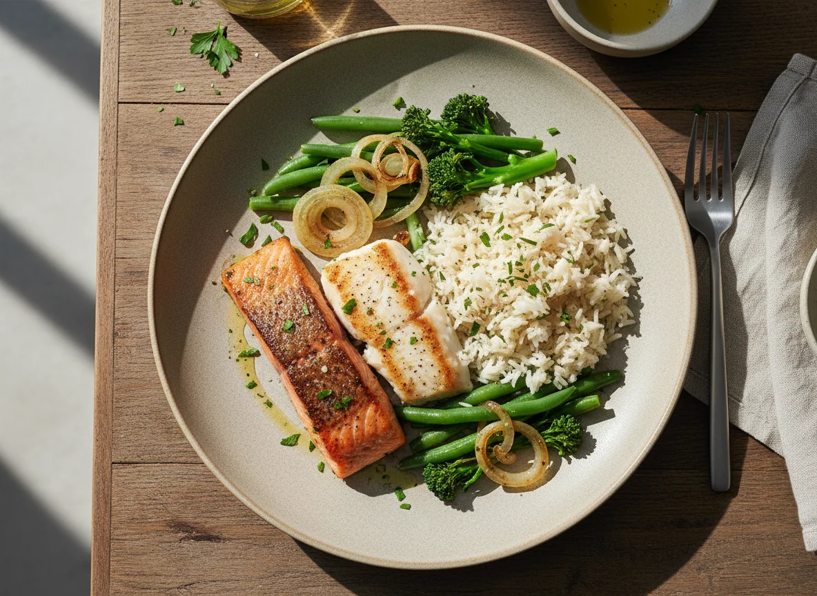 Salmon and White Fish with Rice and Vegetables photo