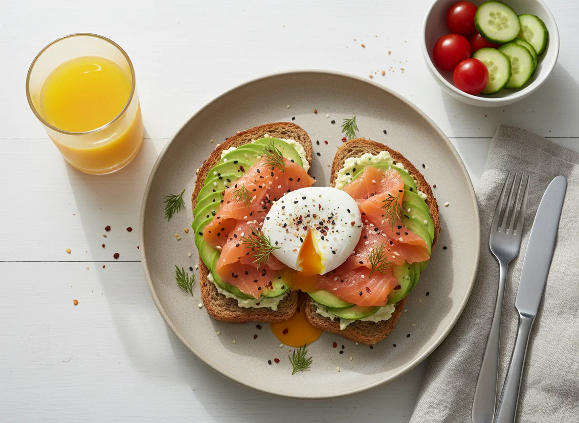Salmon, Avocado, Bread and Egg Meal photo