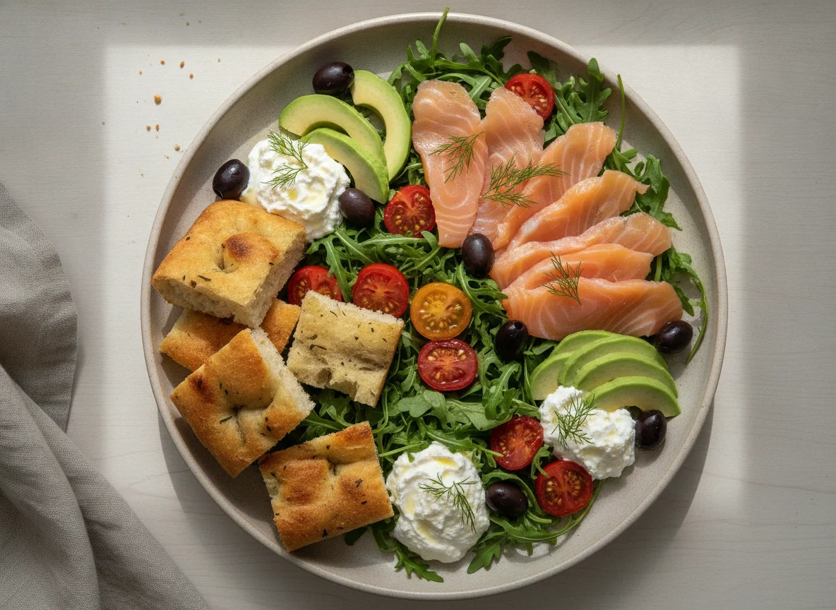 Salmon avocado salad with focaccia photo