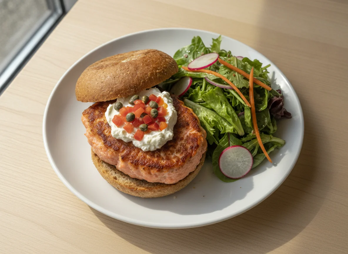Salmon burger with salad and vegetables photo