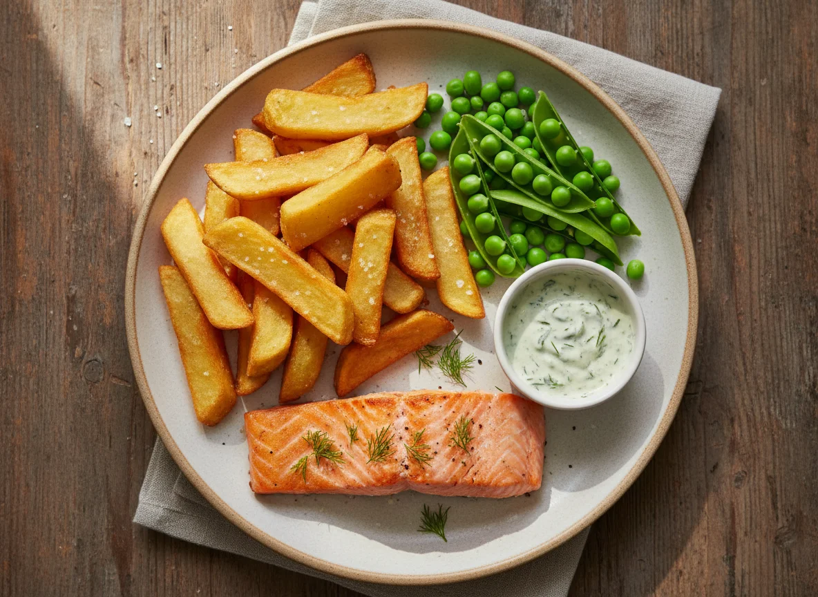 Salmon, Chips and Peas photo