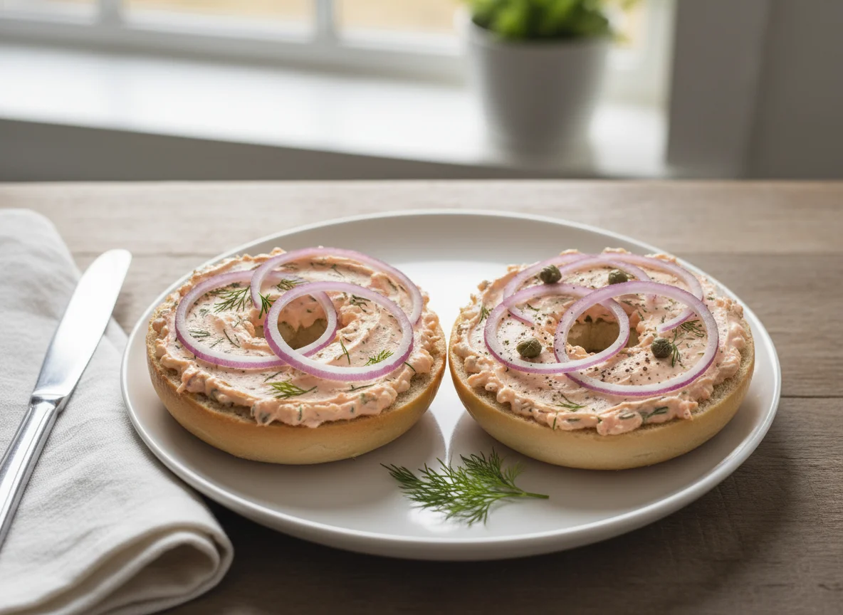 Salmon Cream Cheese Bagels with Red Onion photo