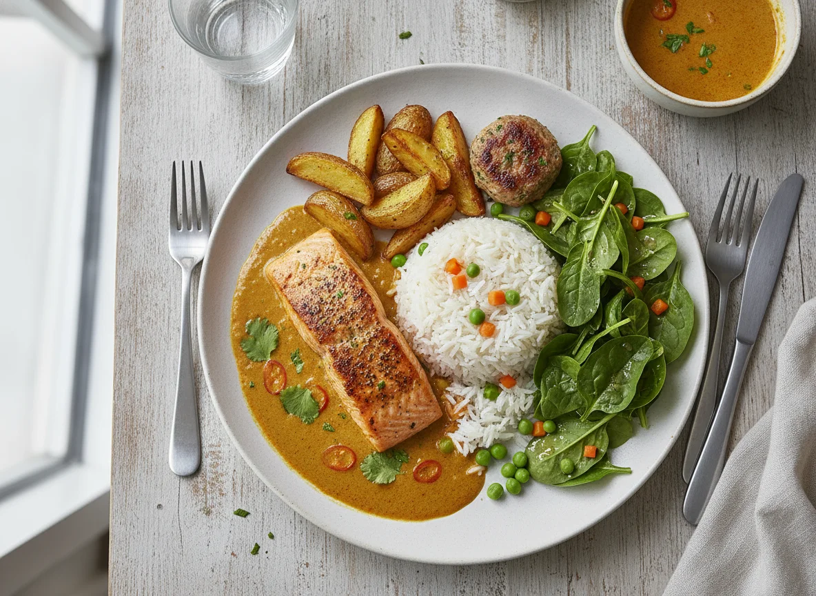 Salmon Curry with Rice, Potatoes, and Spinach Salad photo