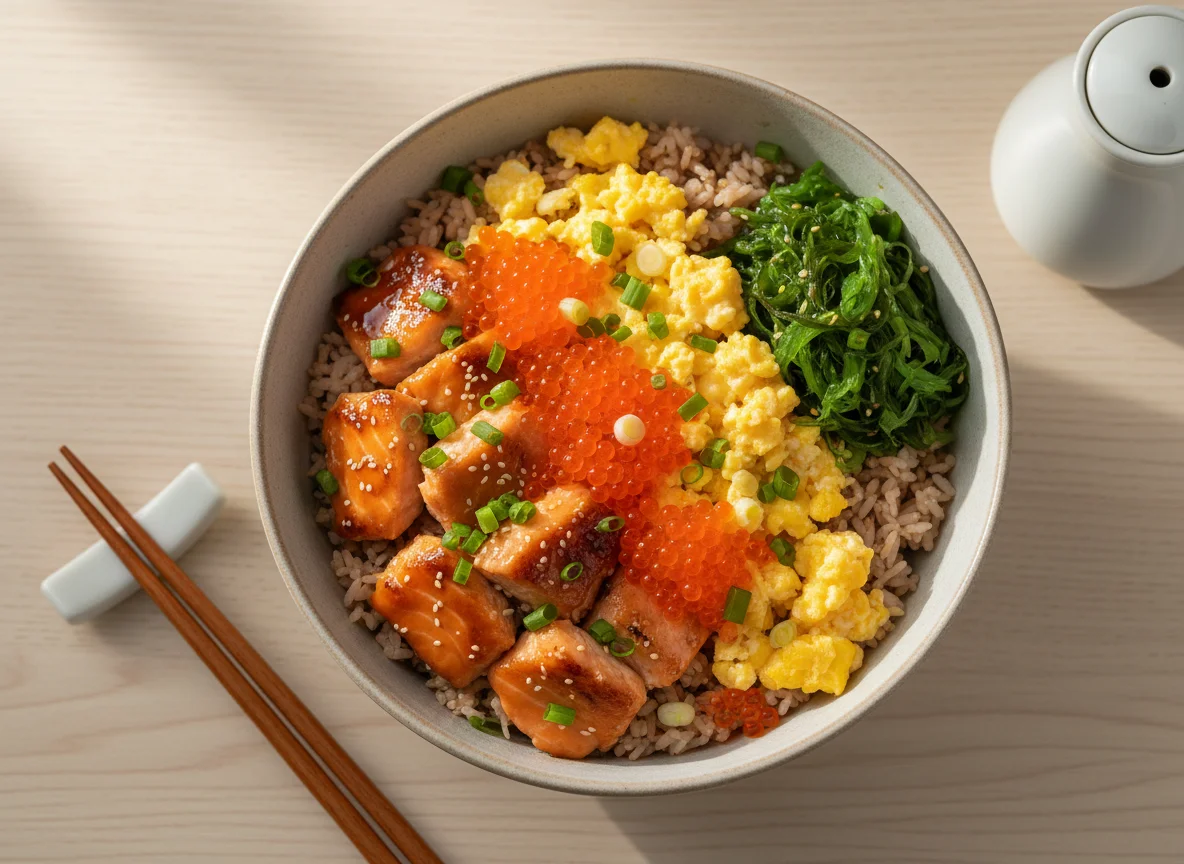 Salmon Donburi with Scrambled Egg and Tobiko photo
