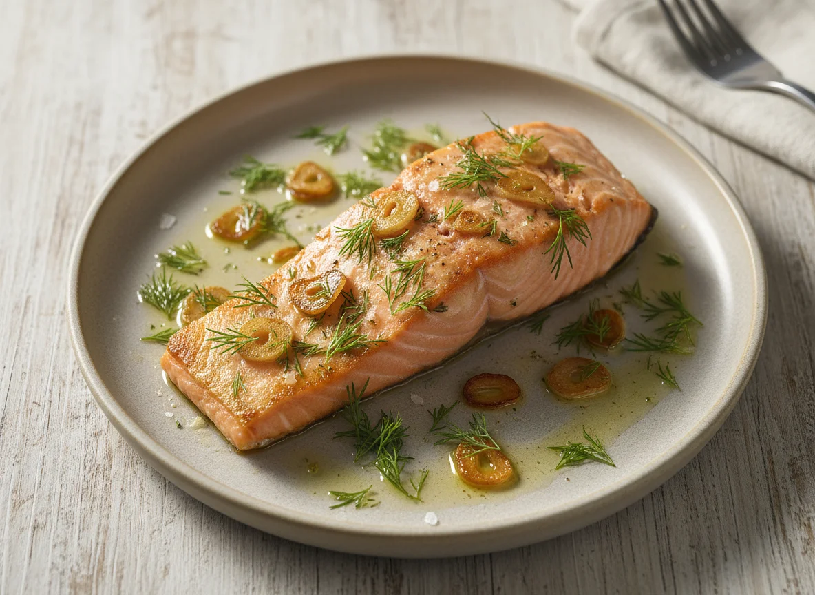 Salmon fillet with dill and garlic photo