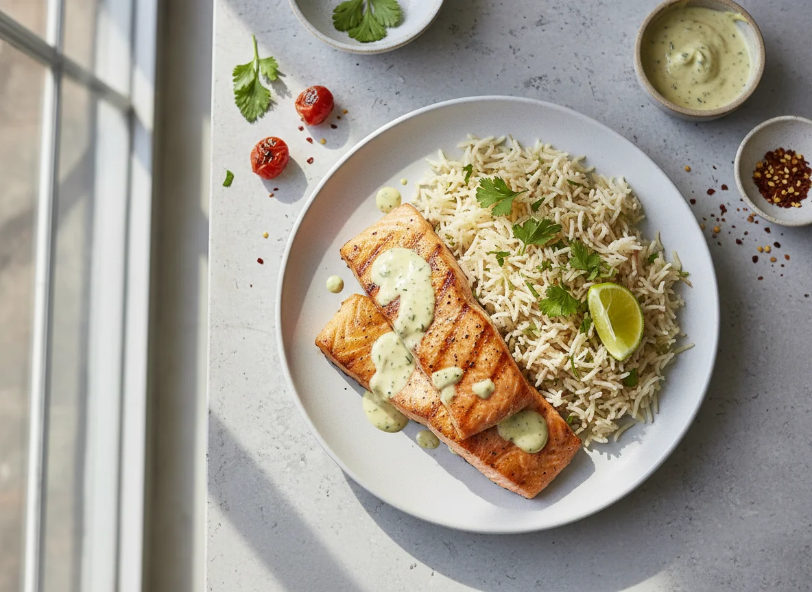 Salmon fillets with Nando's garlic sauce and Basmati rice photo